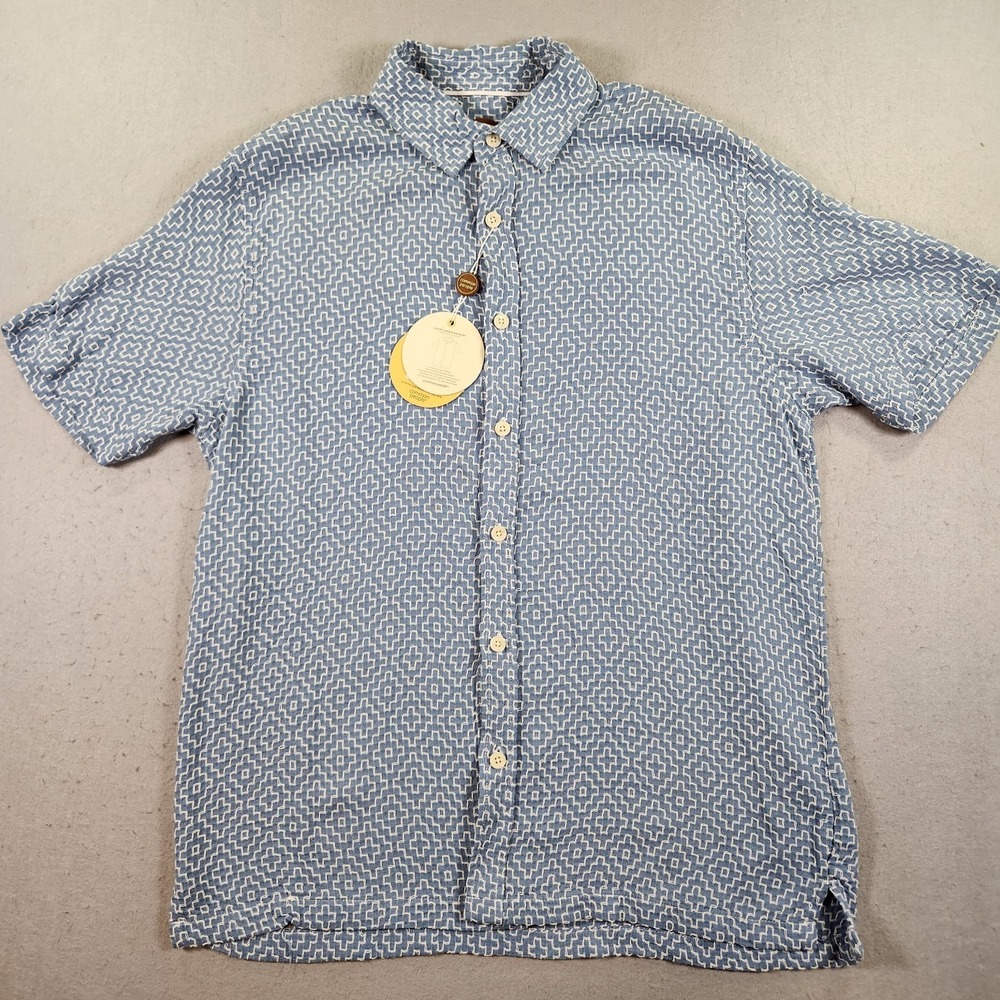 Common People Men's Small Shirt Blue White Geometric Linen Blend Relaxed NWT